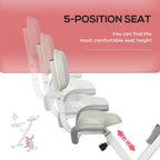 5-position adjustable seat on folding exercise bike with gray padded backrest