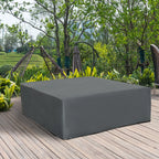 Gray rectangular outdoor furniture cover shown on patio furniture