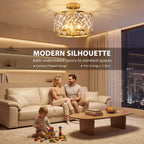 Gold-tone modern ceiling lamp with cylindrical crystal prism shade and three bulb sockets