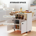 White cabinet dining table with hidden storage compartment and door cabinet, on casters