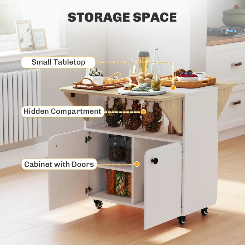 White cabinet dining table with hidden storage compartment and door cabinet, on casters