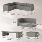 Grey corner sofa set and footstools with dimensions shown on diagram
