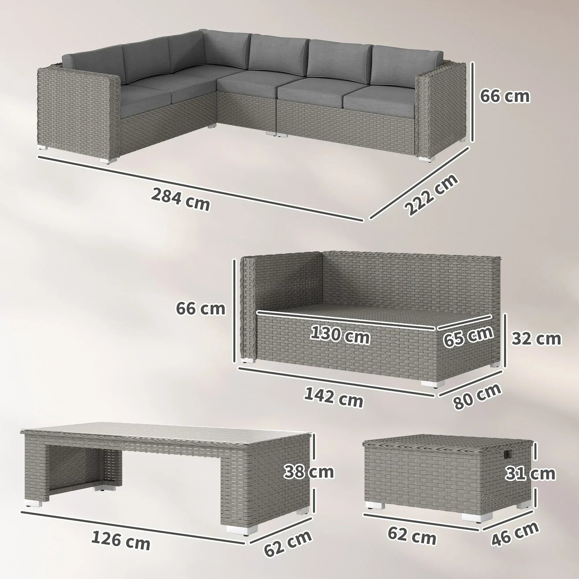 6 Pieces Outdoor PE Rattan Wicker Corner Sofa Set with 10cm Thick Padded Cushions, Aluminium Conservatory Furniture with Glass Top Coffee Table, Footstools, Grey - Bobobiy