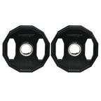 Black rubber Olympic weight plates set, 10kg pair, with large center hole.