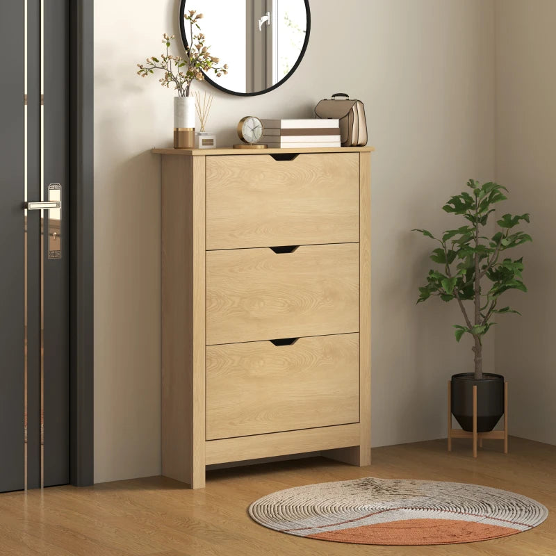 Natural wood slim shoe cabinet with 3 drawers and top storage display in entryway