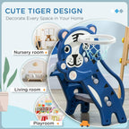 Blue bear-themed baby slide with basketball hoop and circular launcher basket