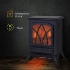 Black freestanding electric fireplace heater with flame window and bottom heat vent