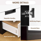 Wardrobe close-up of black handle, metal hinge, and smooth drawer rail
