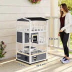 3-tier wooden cat house with dark grey panels and a covered top deck, standing on legs.