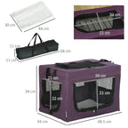 Purple pet carrier with cushion shown with dimensions and carry/storage bag