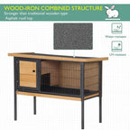 Outdoor elevated pet hutch with wire mesh panels, black frame, and natural wood tabletop