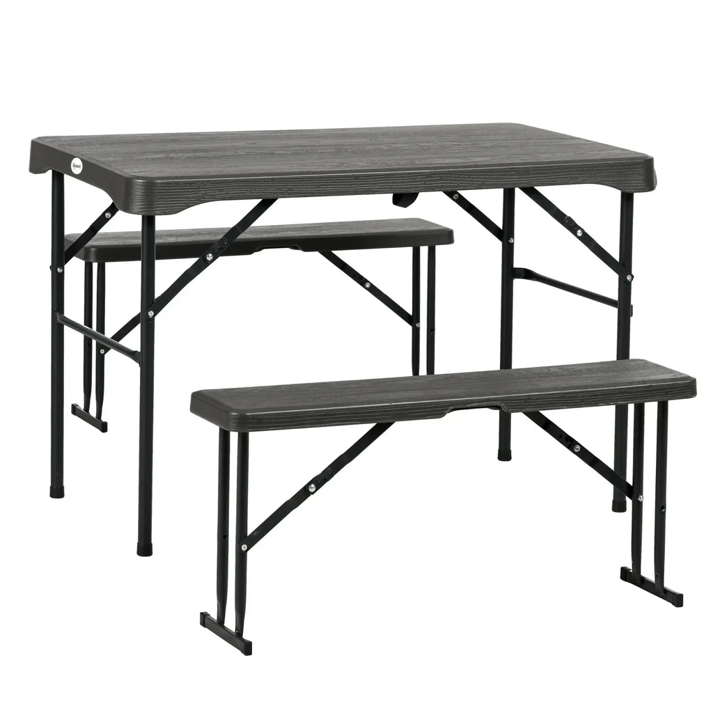 Folding Picnic Table with 2 Benches, 3-Piece Portable Garden Furniture Set for 4, Dining Table Set with Plastic Top, Steel Frame, Dark Grey - Bobobiy