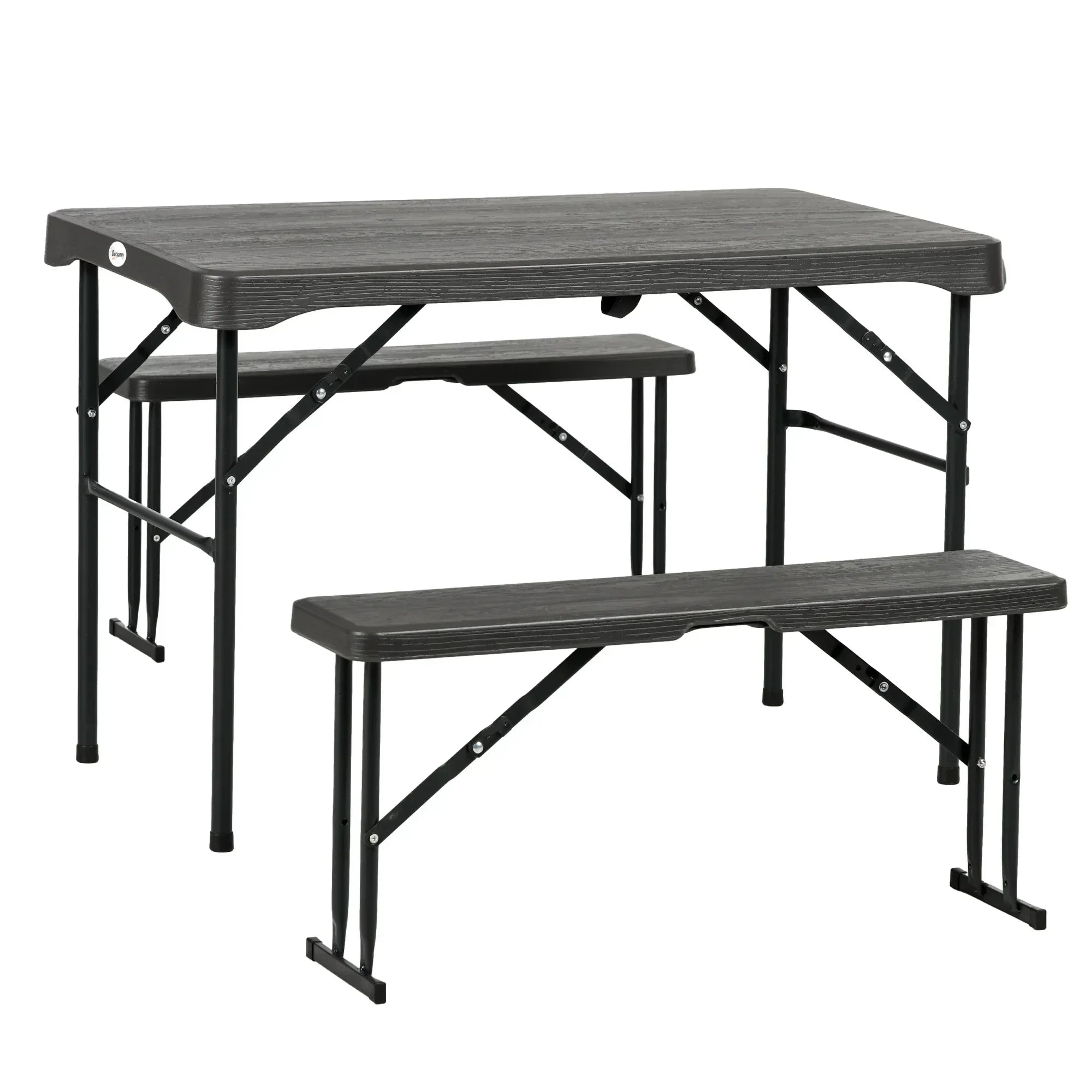 Folding Picnic Table with 2 Benches, 3-Piece Portable Garden Furniture Set for 4, Dining Table Set with Plastic Top, Steel Frame, Dark Grey - Bobobiy