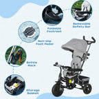 Grey kids push trike with foldable footrest, removable safety bar, and storage basket