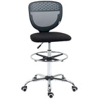 Grey armless swivel drafting chair with mesh back, padded seat, and chrome foot ring