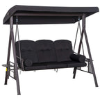 Black 3-seater swing chair hammock with canopy and padded cushions, front view