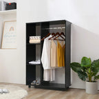 Black wardrobe on wheels with open storage shelves and hanging clothes