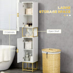 White bathroom tallboy cabinet with open shelves and gold metal base for storage