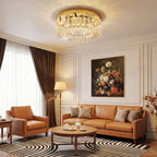 Gold-tone ceiling crystal chandelier with clear prisms and bright light output