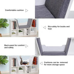 White cube storage shelf with gray removable cushions and open back panel for support