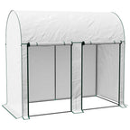 White walk-in greenhouse with green metal frame, zipped front doors and mesh sides