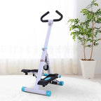 White stepper exercise machine with handle grips and blue non-slip pedals