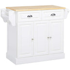 White rolling kitchen storage cart with rubber wood top, drawers, and cabinet doors