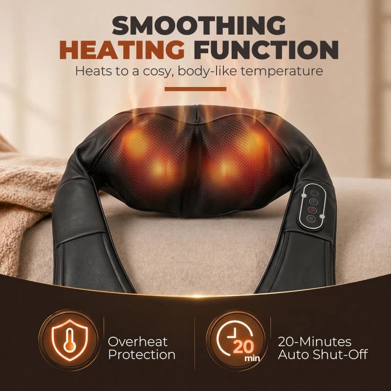 Black neck and shoulder heat massage wrap with warming kneading pad area