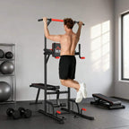 Black power tower dip and pull-up frame with bench and foot pads for training
