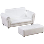 White padded toddler 2-seat sofa chair with armrests and matching ottoman