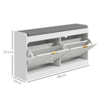White shoe storage bench with open flip drawers and ventilated shoe compartments