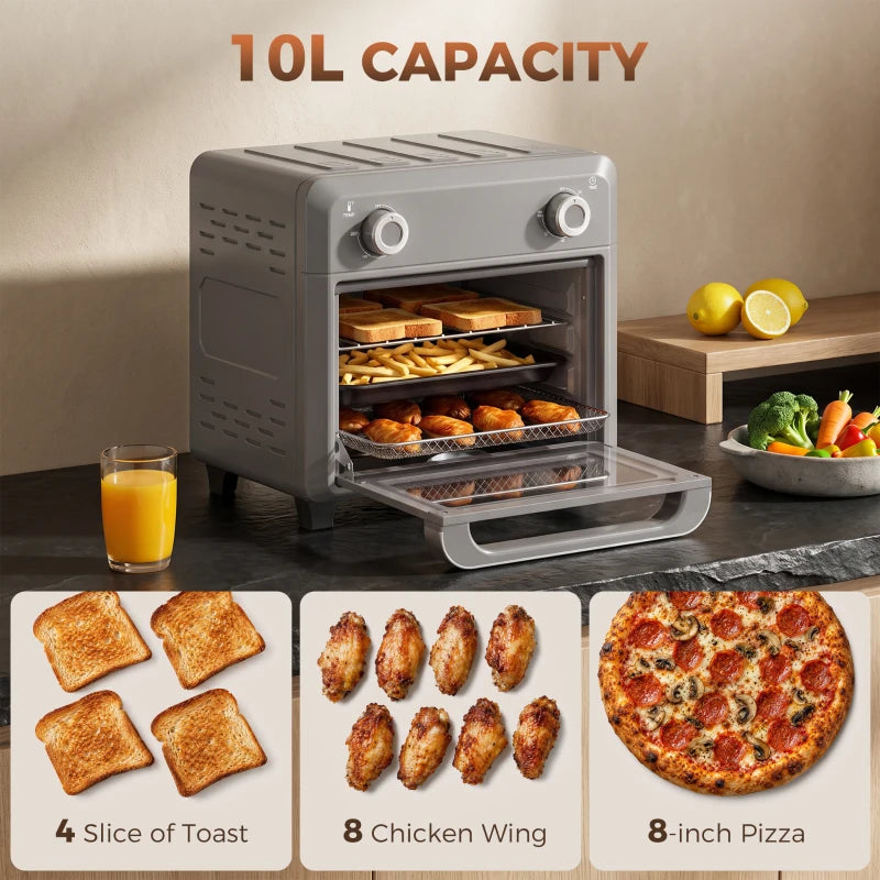 Grey 10L air fryer oven on countertop with open door and food inside