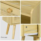 Light wood bedside table detail: round knob, raised edges, rattan drawer front, pine legs