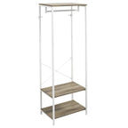 White metal coat rack with grey wood-style bench shelves and open front frame