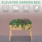 Elevated wooden garden bed with open tray and slim legs, planted with flowers.