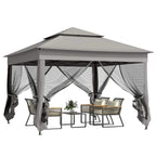 Dark grey double-roof pop up gazebo with mesh side curtains and open front