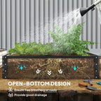 Grey open-bottom raised garden bed with soil base and drainage illustration