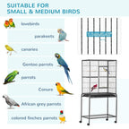 Black bird cage suitable for small and medium birds; close-up shows narrow bar spacing
