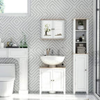 White bathroom under-sink cabinet with two doors and wood top, set in front of wall
