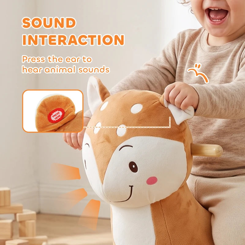 Brown plush deer rocking horse with smiling face and wooden grip handles