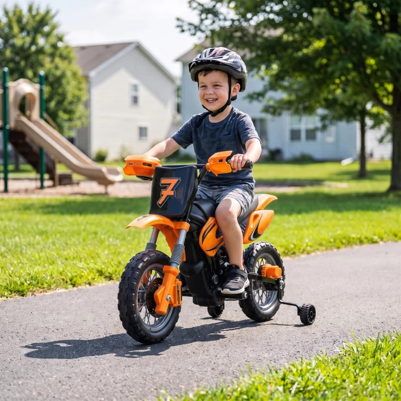Orange kids electric motorbike with training wheels and thick front tires