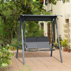 Two-seat outdoor swing bench with adjustable canopy, dark grey frame and texteline seat/back
