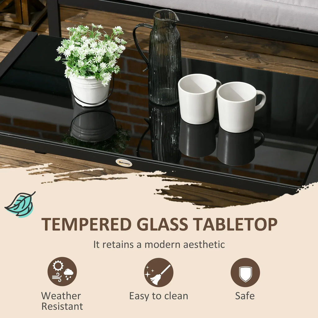 5 Seater Garden Corner Sofa Set, 4 Pieces Metal Garden Furniture Set with Loveseats, Glass Top Coffee Table, Breathable Mesh Pocket, Outdoor Conversation Furniture with Cushions, Light Grey - Bobobiy