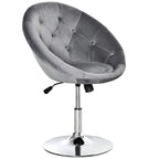 Grey velvet-look swivel dressing stool with button tufted oval back and padded seat