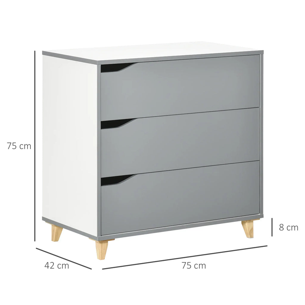 Drawer Chest, 3-Drawer Storage Cabinet Unit with Pine Wood Legs for Bedroom, Living Room, 75cmx42cmx75cm, Grey - Bobobiy
