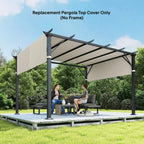 Cream white pergola canopy cover over metal roof frame, side view.