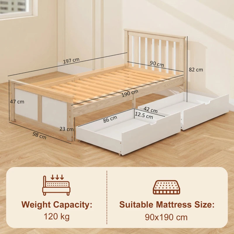 Pine storage bed frame with slatted support and side drawers; includes dimensions