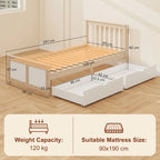 Pine storage bed frame with slatted support and side drawers; includes dimensions