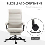 Cream white fabric office chair with curved back, padded armrests, swivel base and wheels.