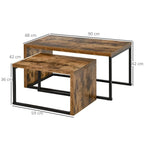Two nesting coffee tables in rustic brown with black metal frames, with size measurements